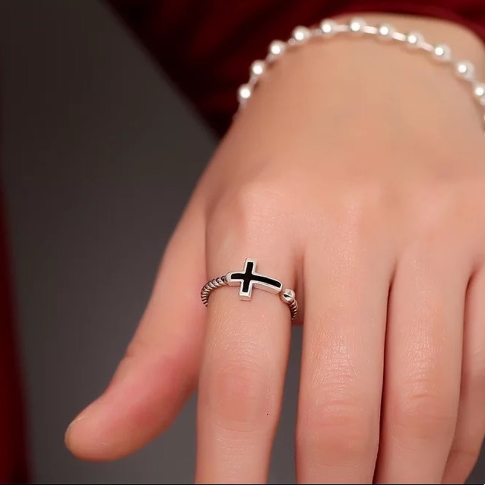 New Sterling Silver 925 Black Cross Adjustable Ring